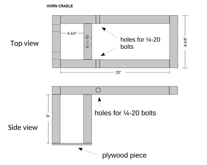 Top and side views of the cradle, with dimensions and bolt locations
