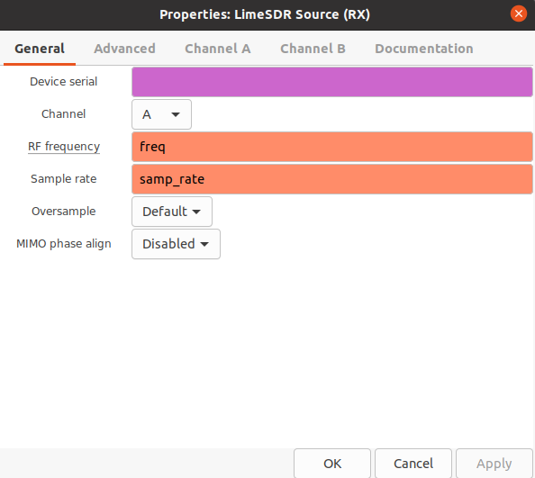 LimeSDR Source General tab: Channel A, RF frequency freq, Sample rate samp_rate, Oversample Default, MIMO phase align Disabled