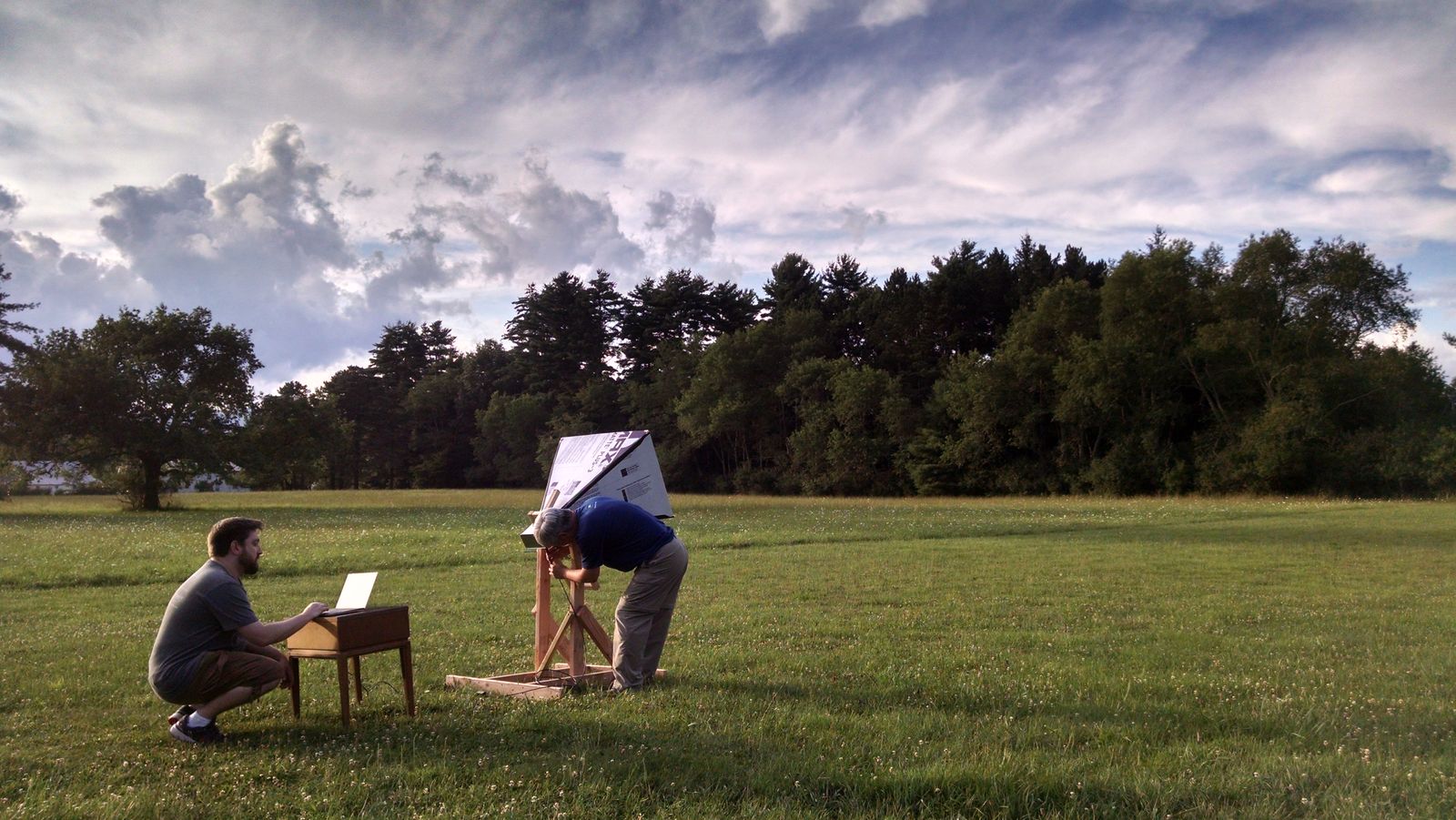 A horn antenna built by DSPIRA teachers set up on the grounds of the Green Bank Observatory